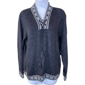 ALPACA Peruvian Wool LS Pullover VTG Gray Lace-Up w/Tassels Sweater Large